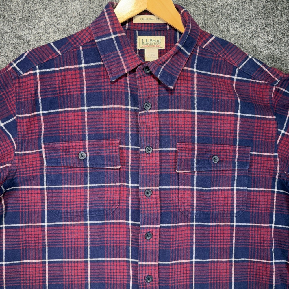 LL Bean Chamois Cloth Shirt Mens L Tall Red Blue Plaid Traditional Fit Outdoor